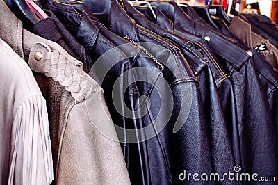 Row of Leather Coats Stock Photo