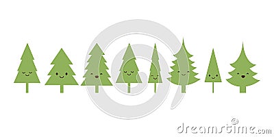 Row of Many Cute Pine Tree Characters - Simple Icons of Green Trees, Plants, Forest - Minimalist Vector Design Set, Clip-Art Vector Illustration