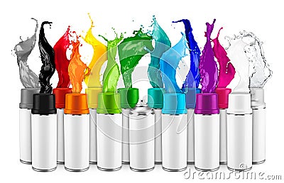 Row of many various spray can spraying colorful rainbow paint liquid color splash explosion isolated white background. Industry Stock Photo