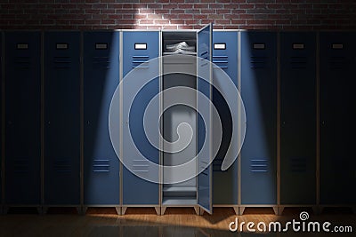 Row of Metal Gym Lockers in Front of Brick Wall. 3d Rendering Stock Photo