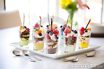 row of mini brownie sundaes for party dessert spread Stock Photo