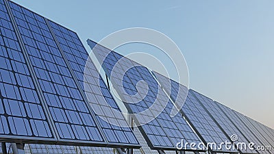 Row of modern solar panels against blue sky. Renewable energy generation, CGI Stock Photo