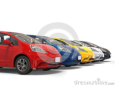 Row of multicolored modern compact electric cars Stock Photo