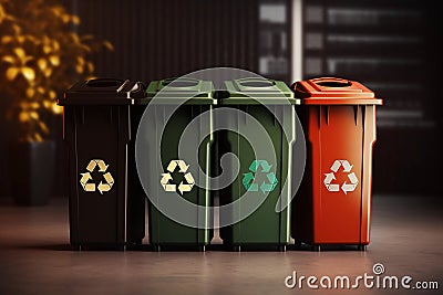 Row of multicolored trash cans with recycle symbols on them. Eco recycling concept. AI generated Stock Photo