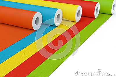 Row of Multicolour Paperhanging Wallpaper Paper Rolls. 3d Rendering Stock Photo