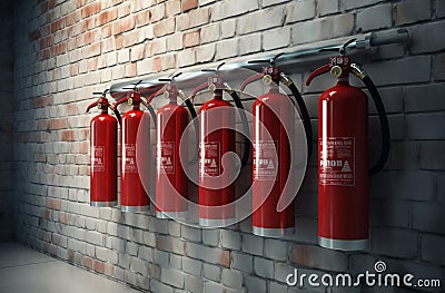 Row of multiple fire extinguisher. Generate ai Stock Photo