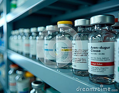 Row of multiple vaccine vials labeled for different diseases. An organized shelf in a research laboratory, bottles neatly arranged Stock Photo