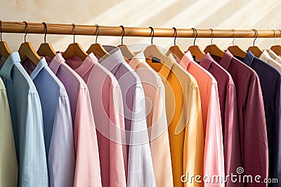 Row Of Neatly Hung Buttonup Shirts In Different Colors. Generative AI Stock Photo