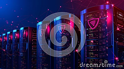 A row of network servers featuring encryption shield icons, representing strong cybersecurity, AI Generated Stock Photo