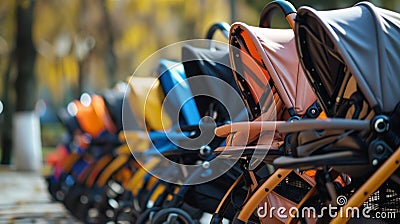 Row of new strollers, without a brand logo, for sale. Deep focus. Stock Photo