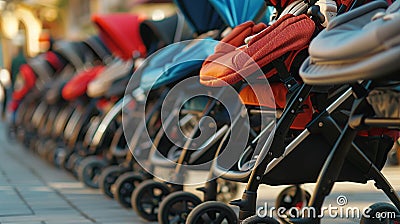 Row of new strollers for sale, brand logos not visible. DOF. Stock Photo