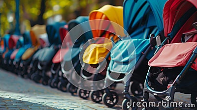 Row of new strollers, unbranded, for sale. EOF. Stock Photo