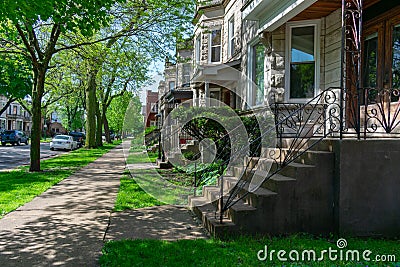 Row of Old Homes in Logan Square Chicago with Stairs Stock Photo