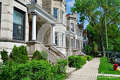 Row of Old Homes in Logan Square Chicago with Stairs Stock Photo