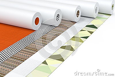 Row of Paperhanging Wallpaper Paper Rolls with Abstract Print. 3d Rendering Stock Photo