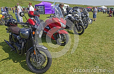 A row of Parked Motorbikes including makes from Triumph, Honda and Harley Davidson on the grass. Editorial Stock Photo