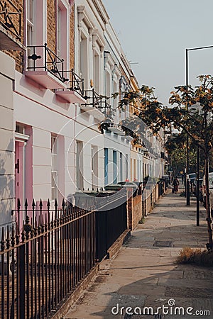 Row of pastel coloured terraced houses in Camden, London, UK Editorial Stock Photo