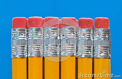 Row of pencil ends with erasers on blue background. Stock Photo