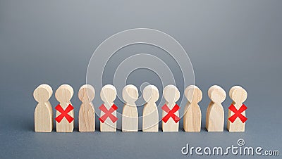 Row of people with red X. Reductions and work layoffs due to restrictive quarantine and pandemic. Loss of jobs and massive staff Stock Photo