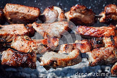 Row of pieces of grilled pork on skewers over hot coals Stock Photo