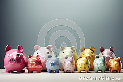 A row of piggy banks of different sizes and colors AI generated Stock Photo
