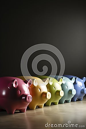 A row of piggy banks of different sizes and colors AI generated Stock Photo