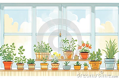 a row of potted organic herb plants in a sunny window Stock Photo