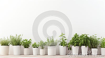 a row of potted plants on a wooden floor against a white wall Stock Photo