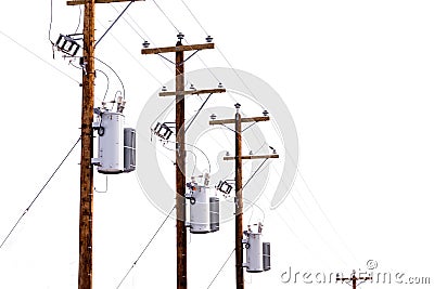 Row of power pole transformers isolated on white Stock Photo