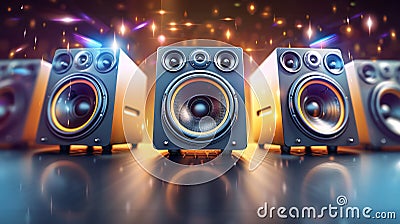 A row of powerful speakers illuminated by vibrant lights, creating a dynamic and energetic visual Stock Photo