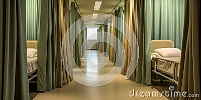 Row of pristine hospital beds and privacy curtains, concept of Medical facility, created with Generative AI technology Stock Photo