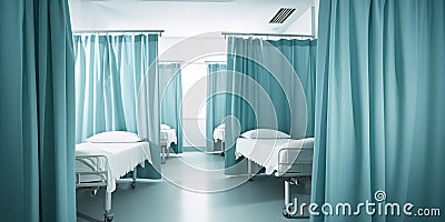 A row of pristine hospital beds and privacy curtains, contrasted against a calming background, concept of Medical Stock Photo