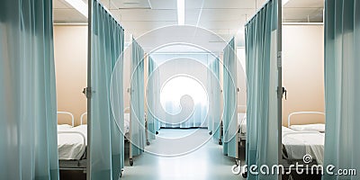 A row of pristine hospital beds and privacy curtains, contrasted against a calming background, concept of Medical Stock Photo