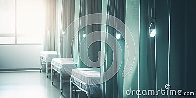 A row of pristine hospital beds and privacy curtains, contrasted against a calming background, concept of Medical Stock Photo