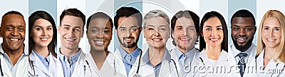 Row Of Professional Doctors Headshots With Multiracial Medical Workers, Collage Stock Photo