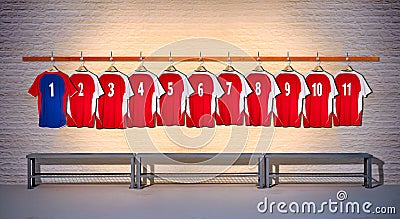 Row of Red and Blue Football shirts Shirts 1-11 Stock Photo