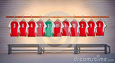 Row of Red and Green Football shirts Shirts 3-5 Stock Photo