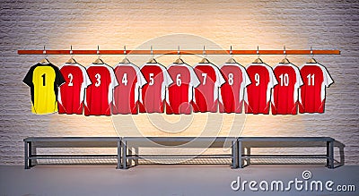 Row of Red and Yellow Football shirts Shirts 1-11 Stock Photo