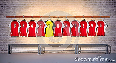 Row of Red and Yellow Football shirts Shirts 3-5 Stock Photo