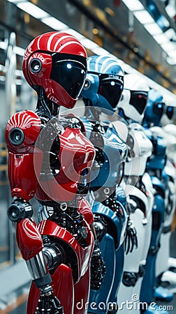 A row of robots standing next to each other in a factory. Generative AI Stock Photo