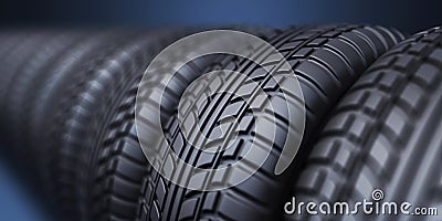 Row of rubber tire 3D, on blue Stock Photo