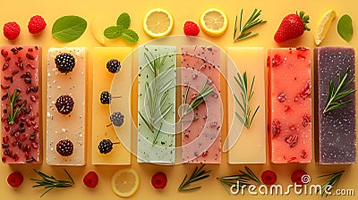 A row of scented soaps infused with natural fruits and herbs. Stock Photo