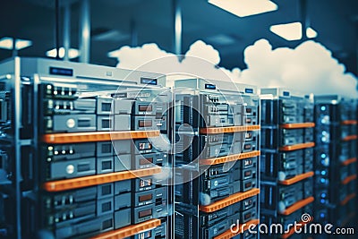 A row of servers in a server room. Suitable for technology and data center concepts Stock Photo