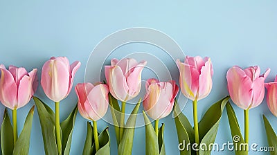 Row_of_several_tender_pink_tulips_on_blue_background_3 Stock Photo