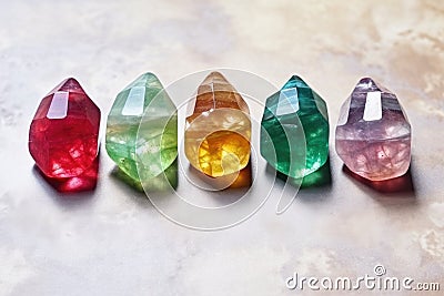 row of shiny rough gemstones placed on a marble background Stock Photo