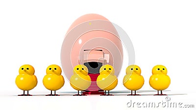 Six Featherless Easter Chicks with a Spaceship Egg in the Background Stock Photo