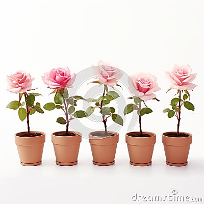 Row Of Six Pink Rose Plants In Clay Pots On White Background Stock Photo