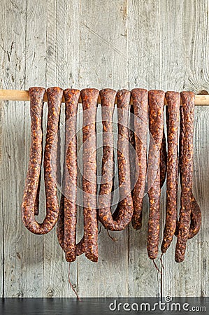 Row of Smoked Sausages Stock Photo