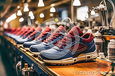 A row of sneakers in production line in big Asian shoe factory Stock Photo