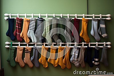 row of socks drying on a radiator in a boys room Stock Photo